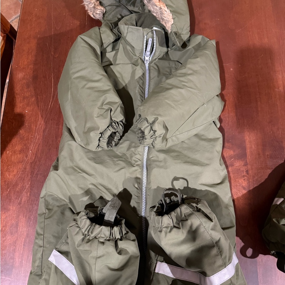 H&M Forest Green Kids One Piece Snowsuit  with Fur Hood